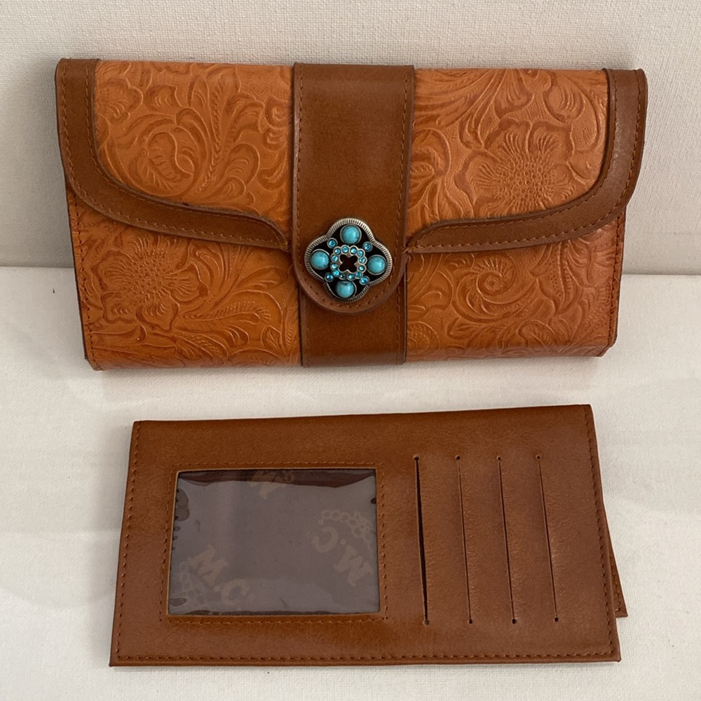 M.C. Floral Tooled Leather Wallet with Turquoise rhinestones & beads - Picture 13 of 16